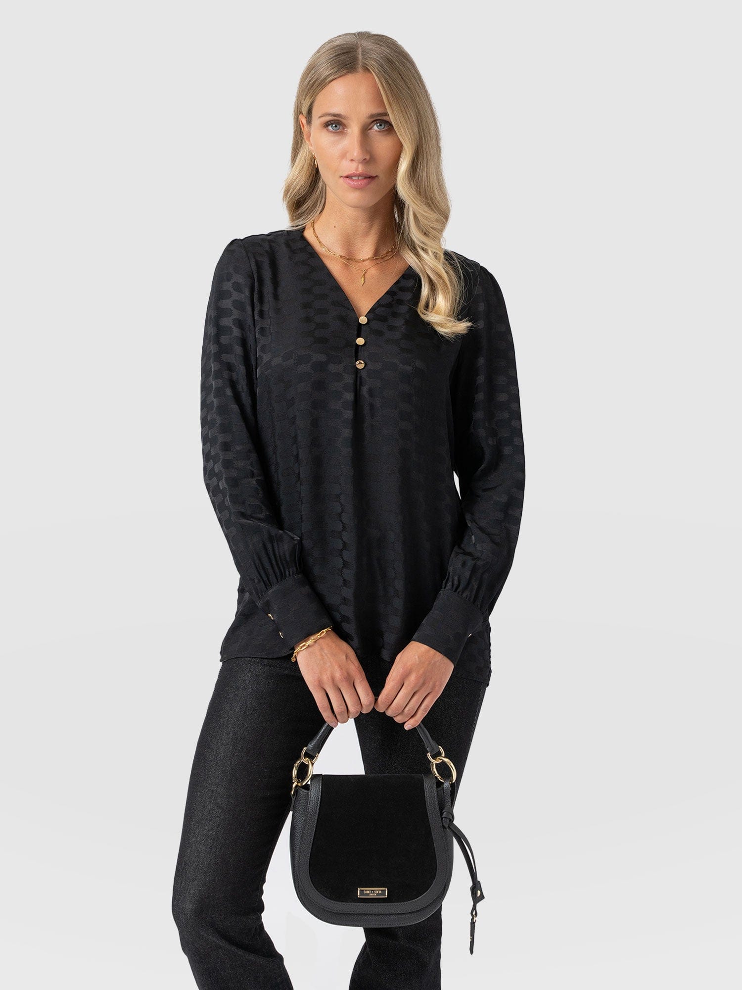 Joselyn V Neck Blouse - Black Jacquard - Women's Blouses | Saint + Sofia® USA
